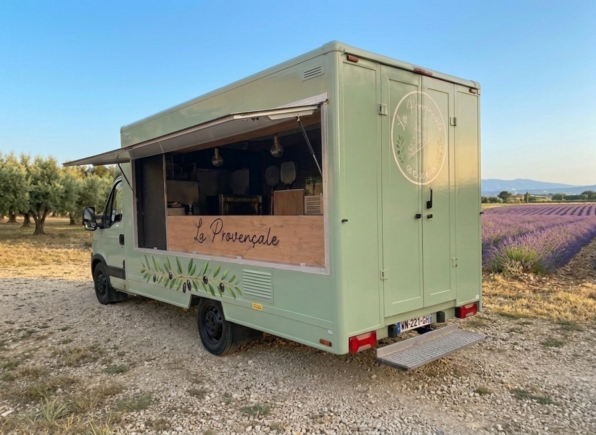 Le camion à pizzas La Provençale 72, vert RAL 6021, en Sarthe près du Mans