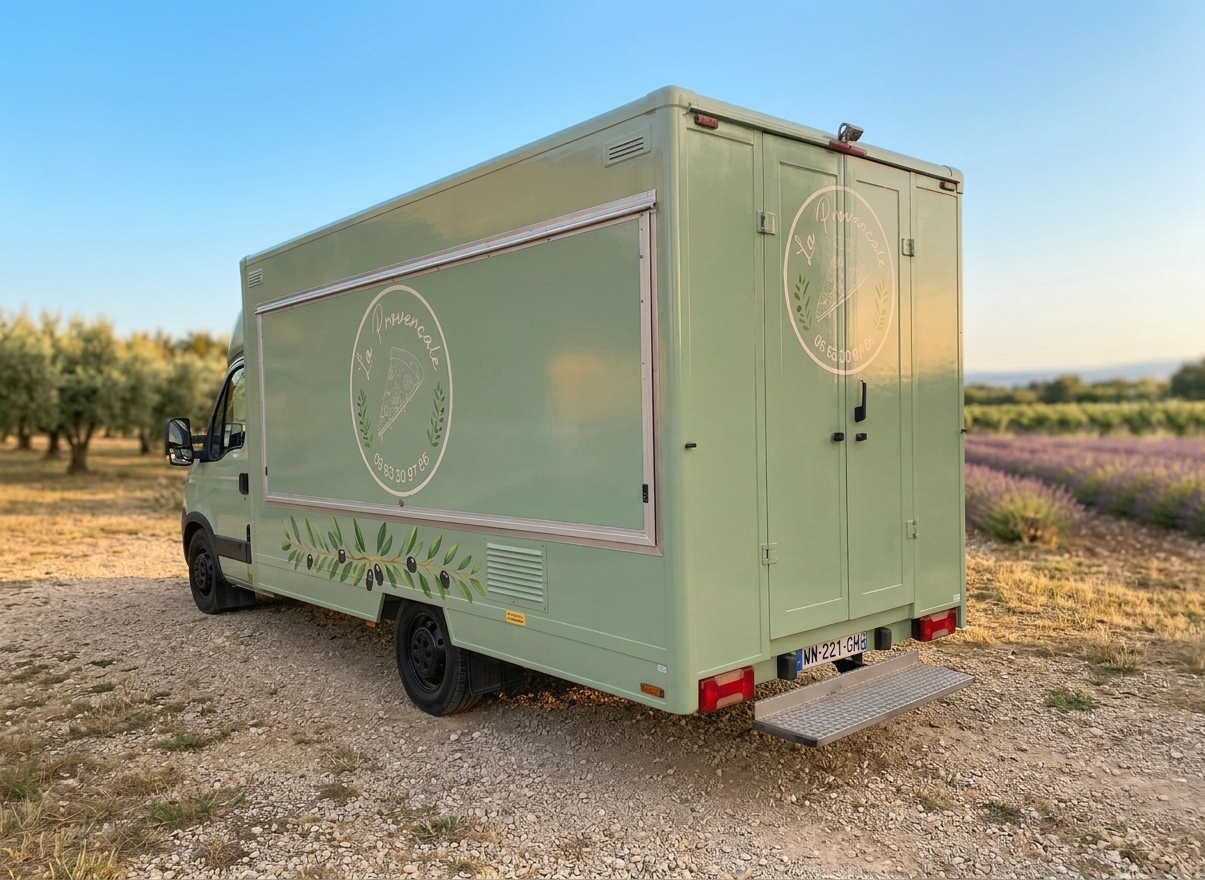 Le camion à pizzas La Provençale 72, vert RAL 6021, en Sarthe près du Mans
