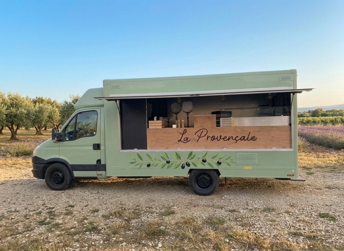 Le camion à pizzas La Provençale 72, vert RAL 6021, en Sarthe près du Mans